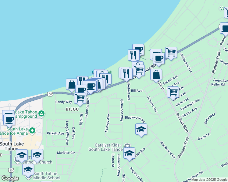 map of restaurants, bars, coffee shops, grocery stores, and more near 3530 Lake Tahoe Boulevard in South Lake Tahoe