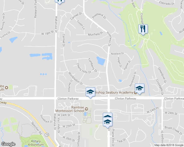 map of restaurants, bars, coffee shops, grocery stores, and more near 4505 Cherry Hills Drive in Lawrence