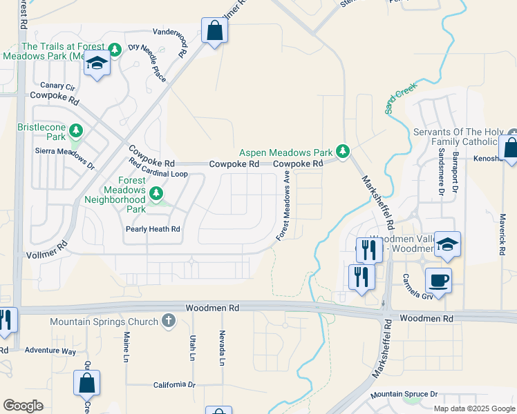 map of restaurants, bars, coffee shops, grocery stores, and more near 7829 Dry Willow Way in Colorado Springs