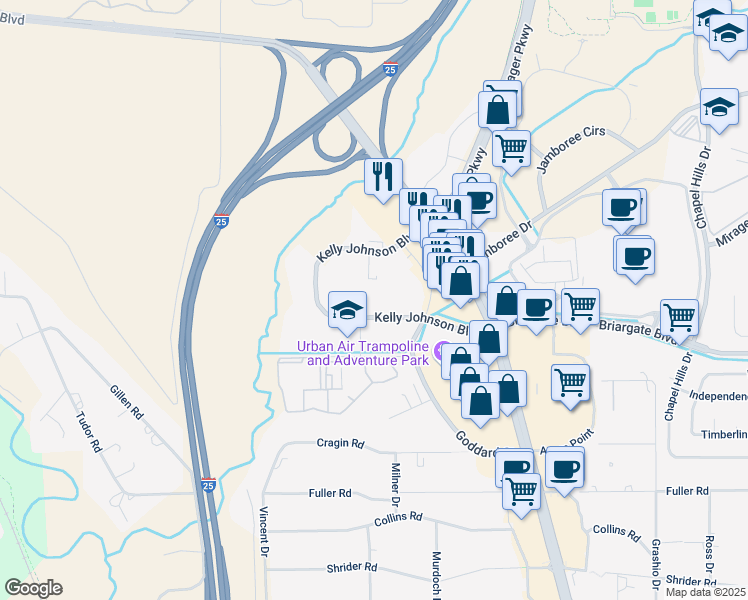 map of restaurants, bars, coffee shops, grocery stores, and more near 1330 Kelly Johnson Boulevard in Colorado Springs