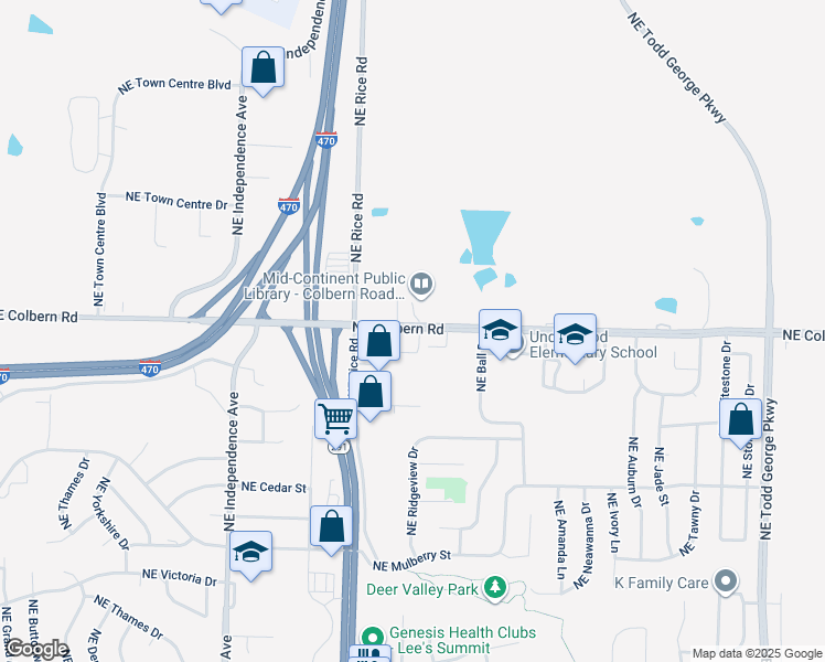 map of restaurants, bars, coffee shops, grocery stores, and more near 791-819 Northeast Colbern Road in Lee's Summit