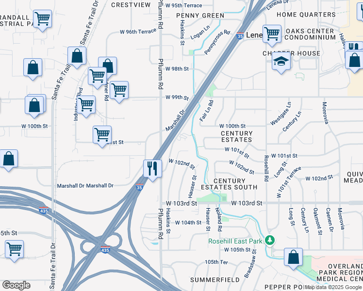 map of restaurants, bars, coffee shops, grocery stores, and more near 10174 Haskins Street in Lenexa