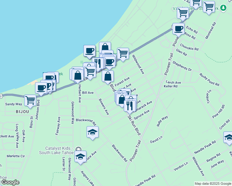 map of restaurants, bars, coffee shops, grocery stores, and more near Humboldt-Toiyabe National Forest in South Lake Tahoe