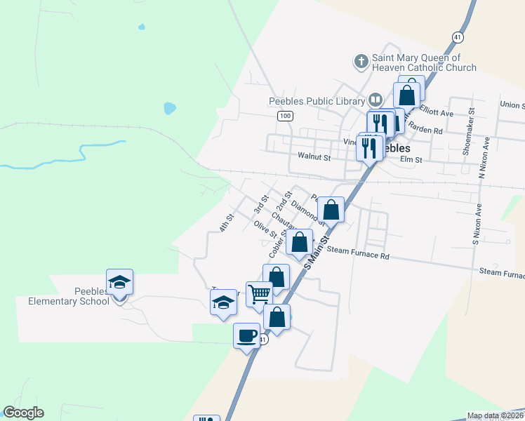 map of restaurants, bars, coffee shops, grocery stores, and more near 89 Chautauqua Street in Peebles