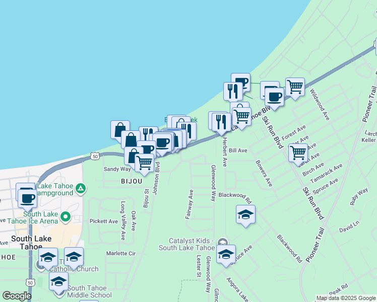 map of restaurants, bars, coffee shops, grocery stores, and more near 3490 Lake Tahoe Blvd in South Lake Tahoe