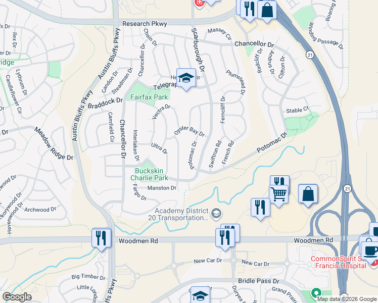 map of restaurants, bars, coffee shops, grocery stores, and more near 7846 Potomac Drive in Colorado Springs