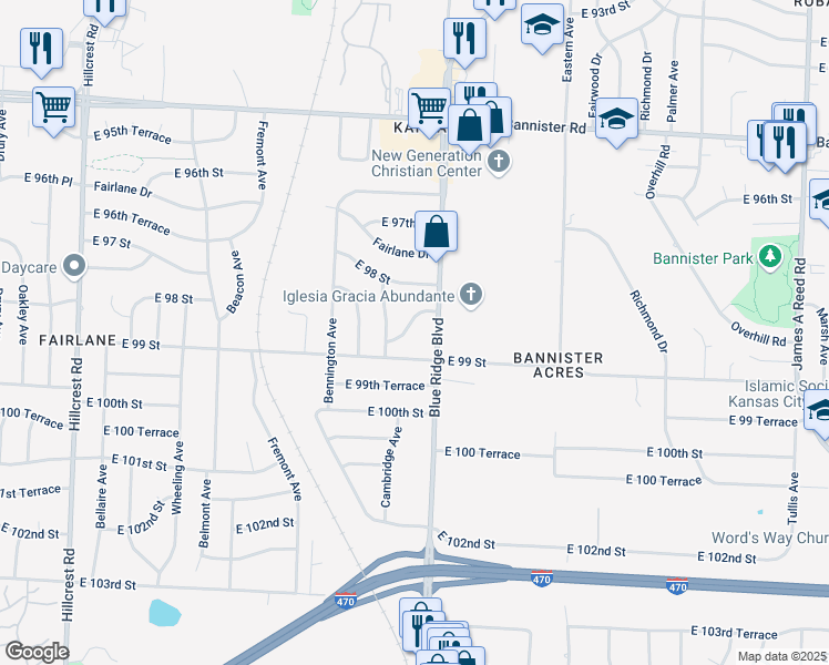 map of restaurants, bars, coffee shops, grocery stores, and more near 6901 East 98th Terrace in Kansas City