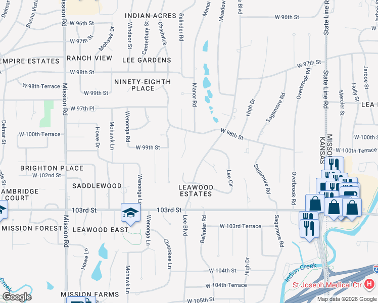map of restaurants, bars, coffee shops, grocery stores, and more near 9821 Belinder Road in Leawood