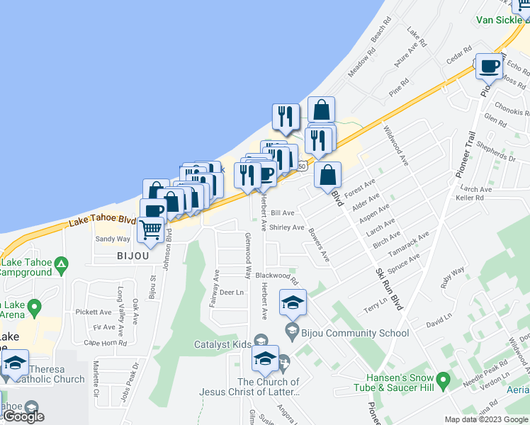 map of restaurants, bars, coffee shops, grocery stores, and more near Herbert Avenue & Bill Avenue in South Lake Tahoe