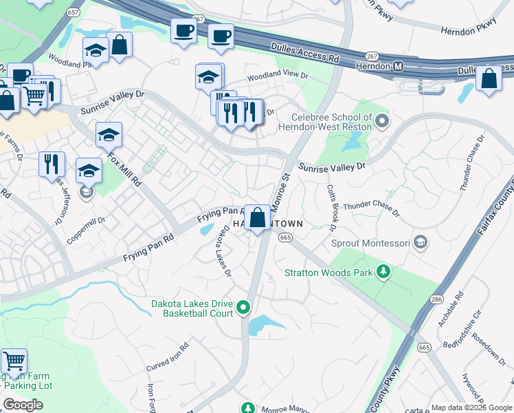 map of restaurants, bars, coffee shops, grocery stores, and more near 13024 Park Crescent Circle in Herndon