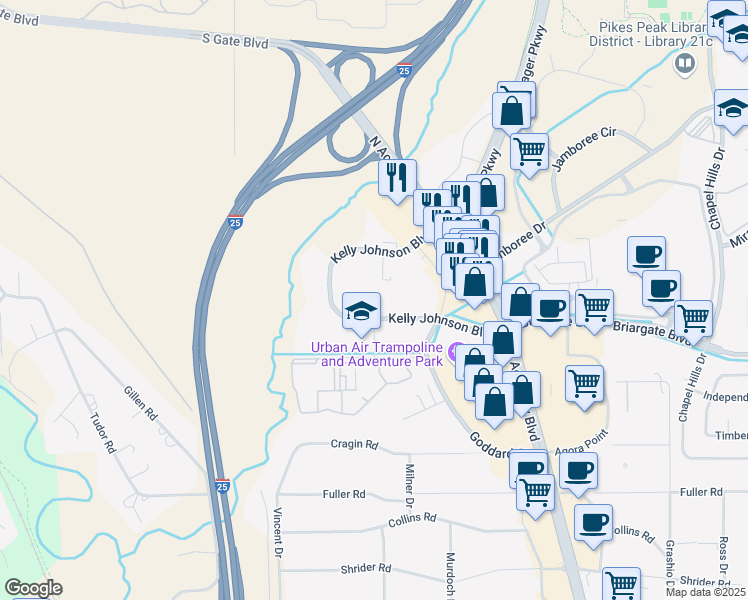 map of restaurants, bars, coffee shops, grocery stores, and more near 1330 Kelly Johnson Boulevard in Colorado Springs