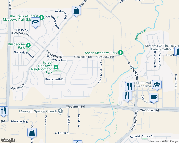 map of restaurants, bars, coffee shops, grocery stores, and more near 7829 Dry Willow Way in Colorado Springs