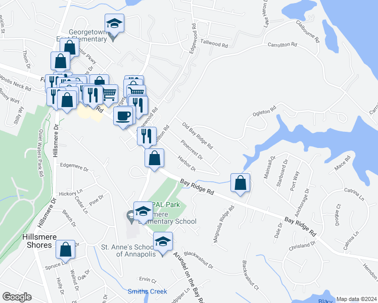 map of restaurants, bars, coffee shops, grocery stores, and more near 1033 Pinecrest Drive in Annapolis