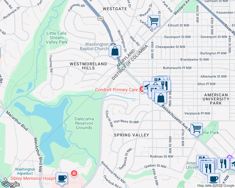 map of restaurants, bars, coffee shops, grocery stores, and more near 5137 Yuma Street Northwest in Washington