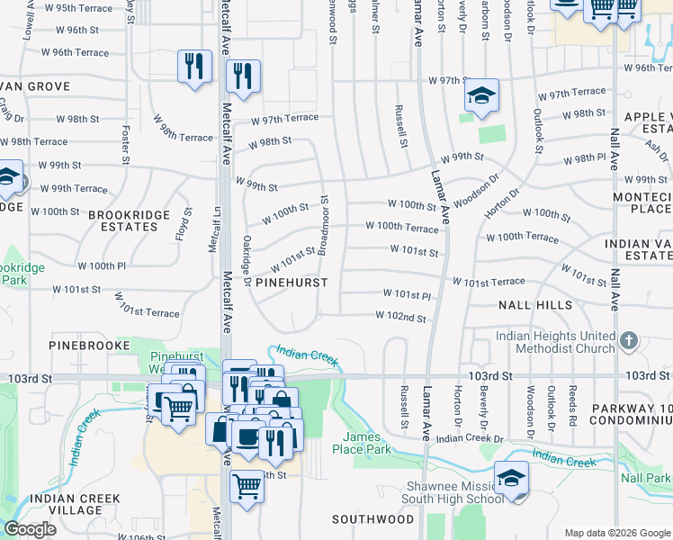 map of restaurants, bars, coffee shops, grocery stores, and more near 10112 Glenwood Street in Overland Park