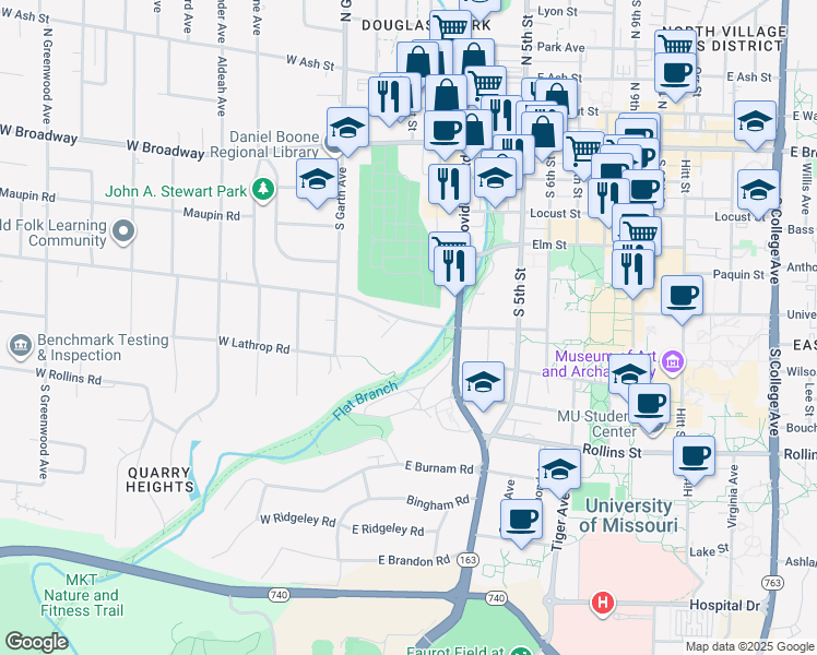 map of restaurants, bars, coffee shops, grocery stores, and more near 104 East Stewart Road in Columbia