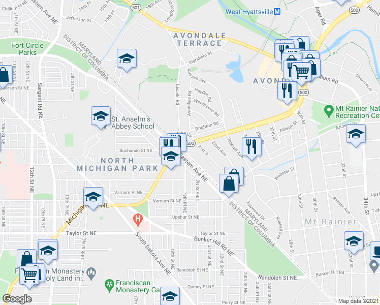 map of restaurants, bars, coffee shops, grocery stores, and more near 4635 Eastern Avenue Northeast in Mount Rainier
