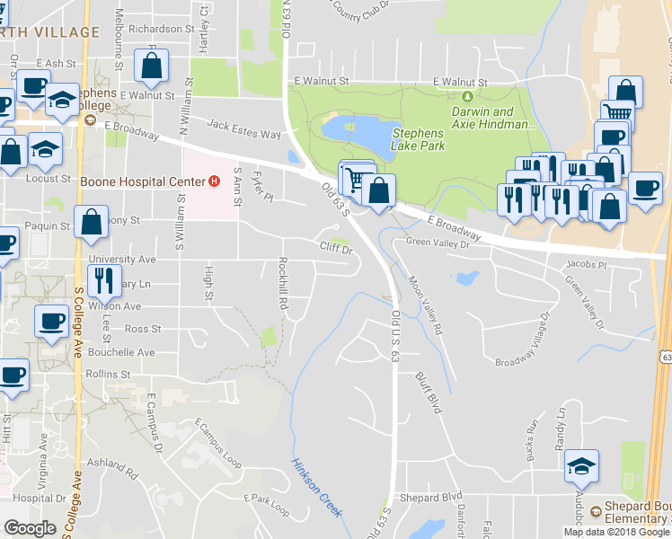 map of restaurants, bars, coffee shops, grocery stores, and more near 1842 Cliff Drive in Columbia