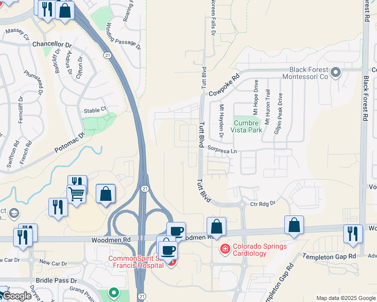 map of restaurants, bars, coffee shops, grocery stores, and more near 7856 Country Lane in Colorado Springs