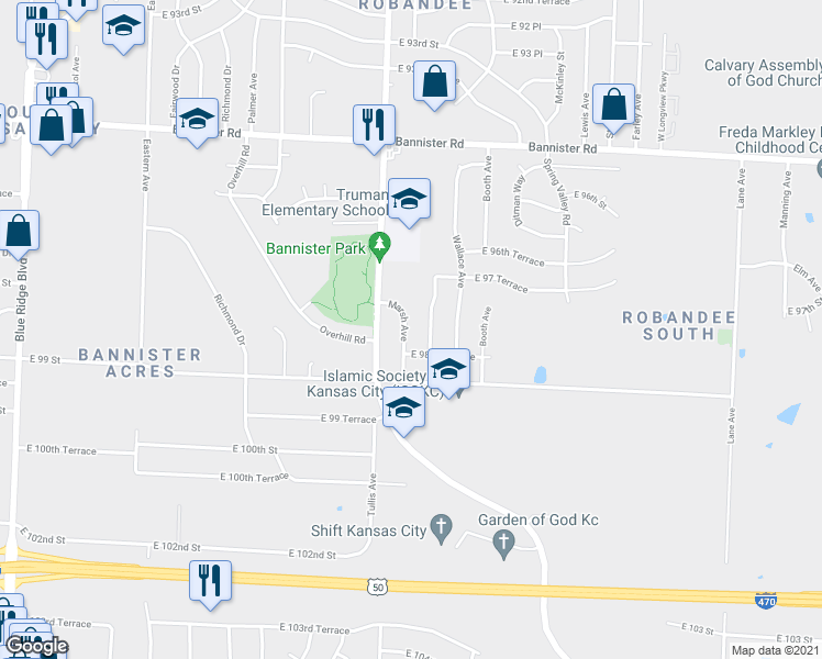 map of restaurants, bars, coffee shops, grocery stores, and more near 9803 Marsh Avenue in Kansas City