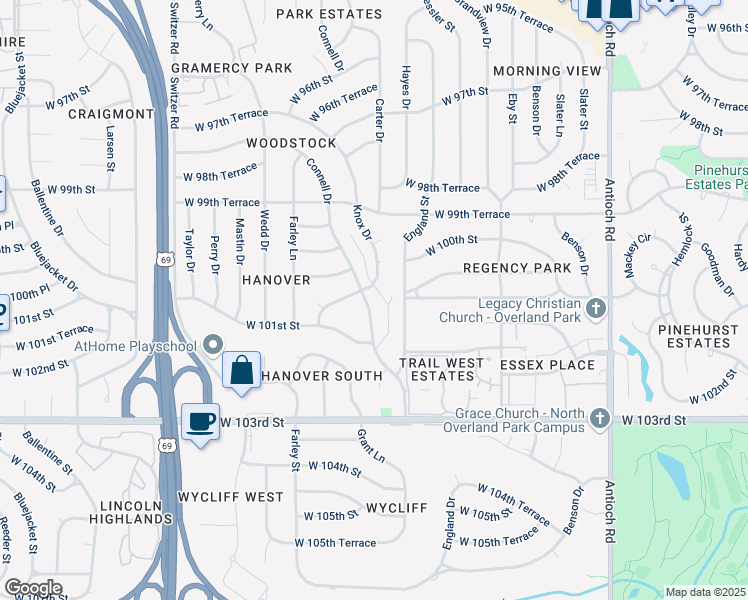 map of restaurants, bars, coffee shops, grocery stores, and more near 10033 Connell Drive in Overland Park