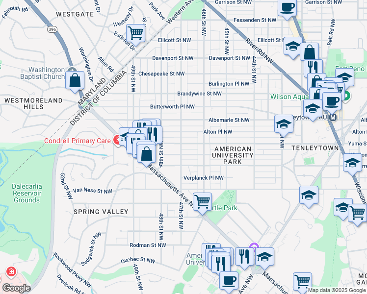 map of restaurants, bars, coffee shops, grocery stores, and more near 4331 47th Street Northwest in Washington