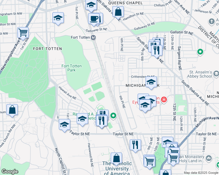 map of restaurants, bars, coffee shops, grocery stores, and more near 4025 John McCormack Road Northeast in Washington