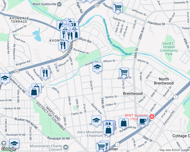 map of restaurants, bars, coffee shops, grocery stores, and more near 4500 34th Street in Mount Rainier