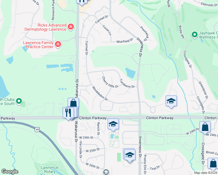 map of restaurants, bars, coffee shops, grocery stores, and more near 2101 Riviera Drive in Lawrence