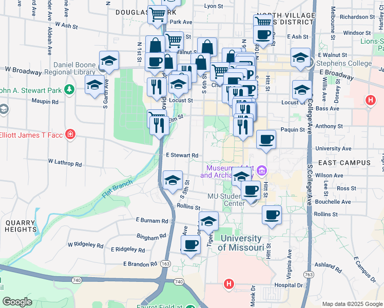 map of restaurants, bars, coffee shops, grocery stores, and more near 499 East Stewart Road in Columbia