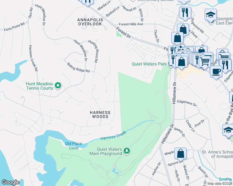 map of restaurants, bars, coffee shops, grocery stores, and more near 791 Harness Creek View Drive in Annapolis