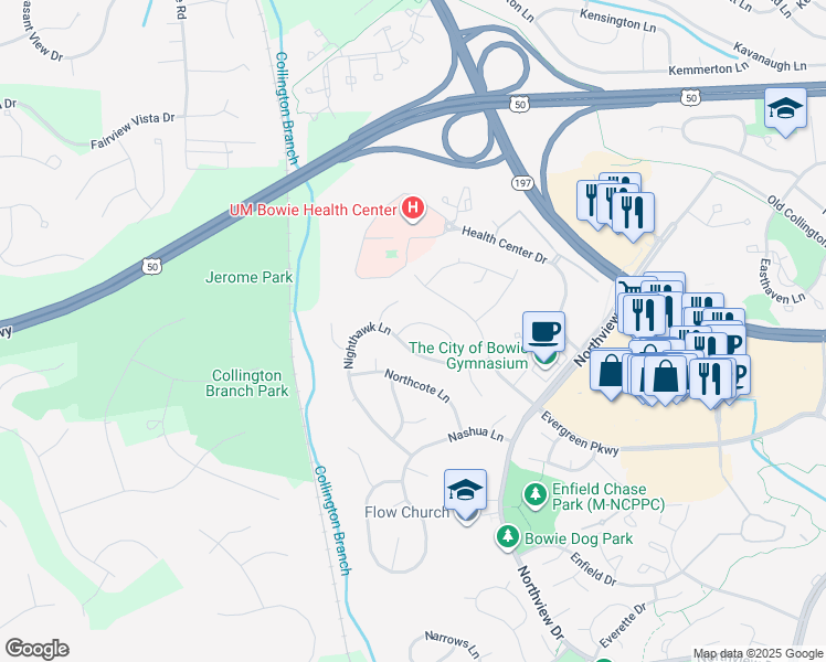 map of restaurants, bars, coffee shops, grocery stores, and more near 15003 Newcomb Lane in Bowie