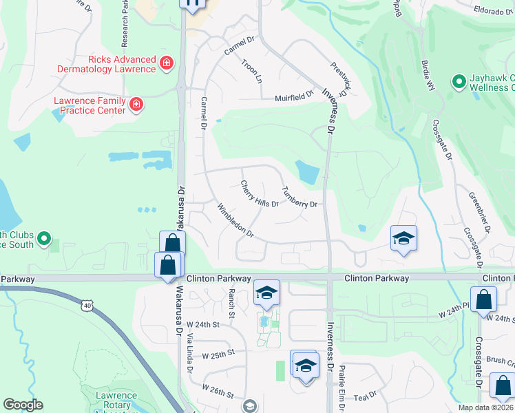 map of restaurants, bars, coffee shops, grocery stores, and more near 2101 Riviera Drive in Lawrence