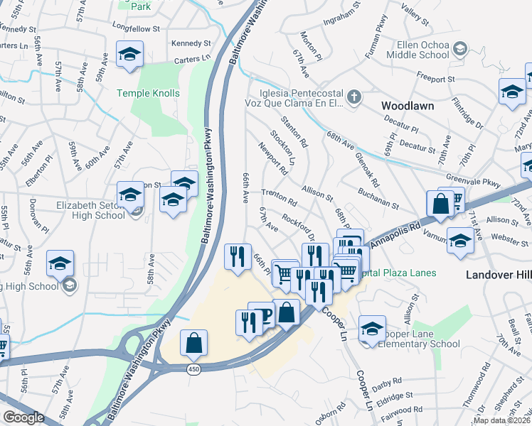 map of restaurants, bars, coffee shops, grocery stores, and more near 4818 Rockford Drive in Hyattsville