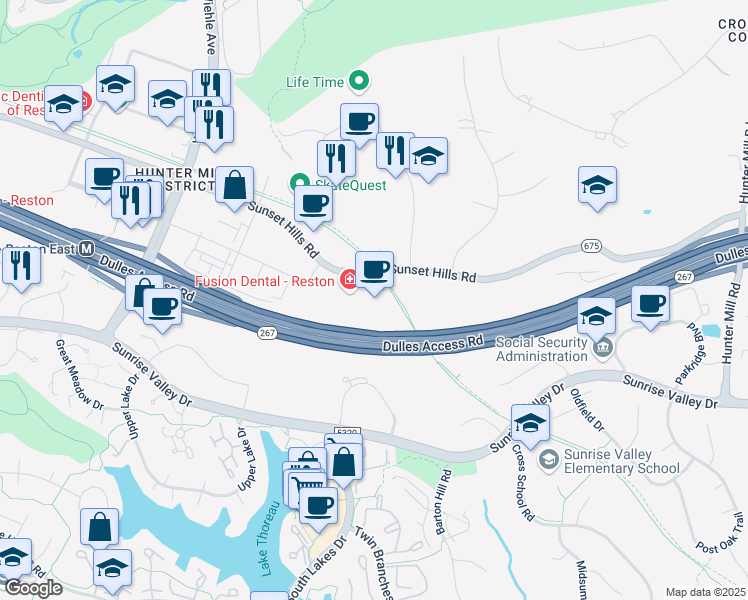 map of restaurants, bars, coffee shops, grocery stores, and more near 11091 Sunset Hills Road in Reston