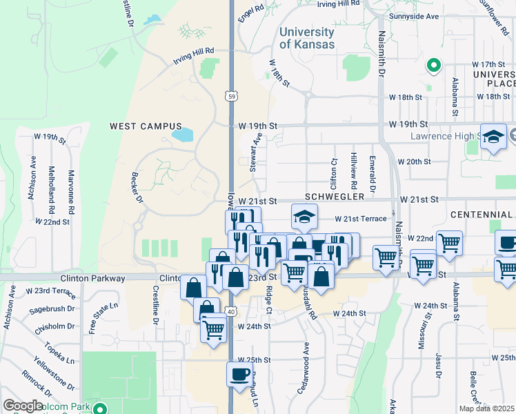 map of restaurants, bars, coffee shops, grocery stores, and more near 1827 West 21st Street in Lawrence