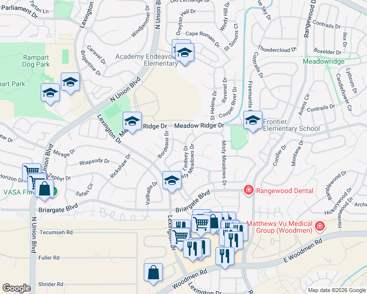 map of restaurants, bars, coffee shops, grocery stores, and more near 7875 Lindsey Drive in Colorado Springs