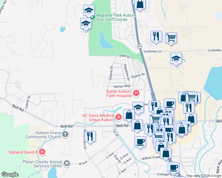 map of restaurants, bars, coffee shops, grocery stores, and more near 11500 Garnet Way in Auburn