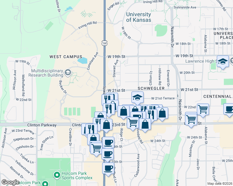 map of restaurants, bars, coffee shops, grocery stores, and more near 1827 W 21st St in Lawrence