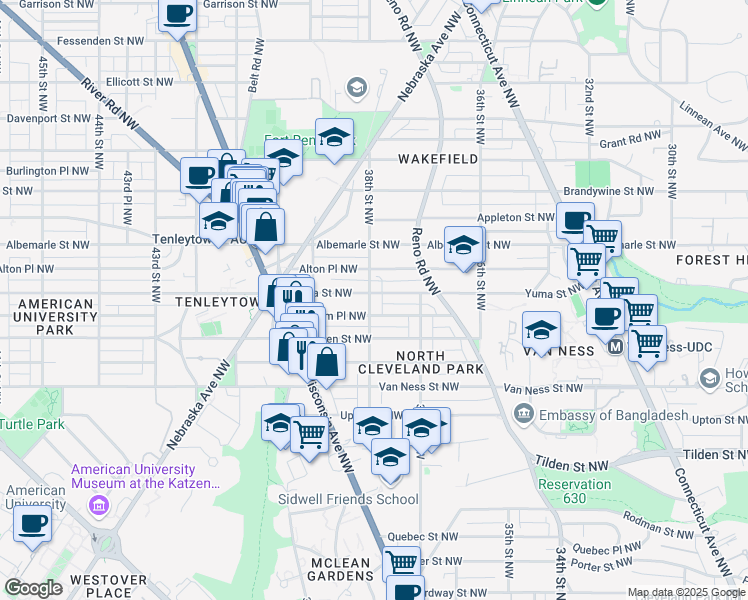 map of restaurants, bars, coffee shops, grocery stores, and more near 4307 38th Street Northwest in Washington