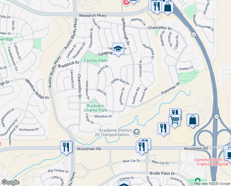 map of restaurants, bars, coffee shops, grocery stores, and more near 7846 Potomac Drive in Colorado Springs