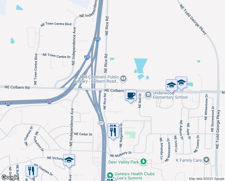 map of restaurants, bars, coffee shops, grocery stores, and more near 791 Northeast Colbern Road in Lee's Summit