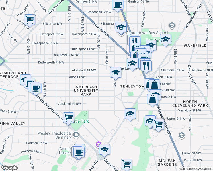 map of restaurants, bars, coffee shops, grocery stores, and more near 4320 Yuma Street Northwest in Washington