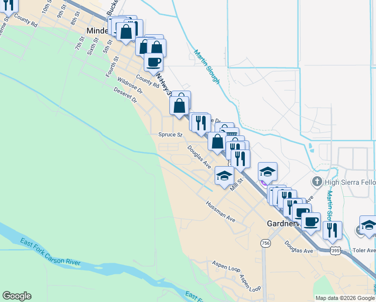 map of restaurants, bars, coffee shops, grocery stores, and more near 1189 Town House Circle in Gardnerville