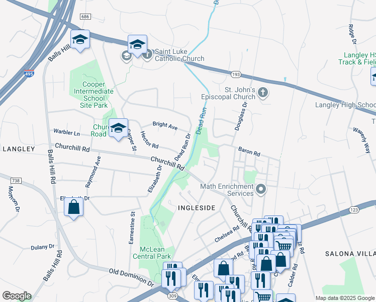 map of restaurants, bars, coffee shops, grocery stores, and more near 1107 Dead Run Dr in McLean