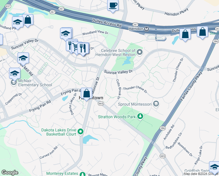 map of restaurants, bars, coffee shops, grocery stores, and more near 2308 Hurlingham Lane in Reston