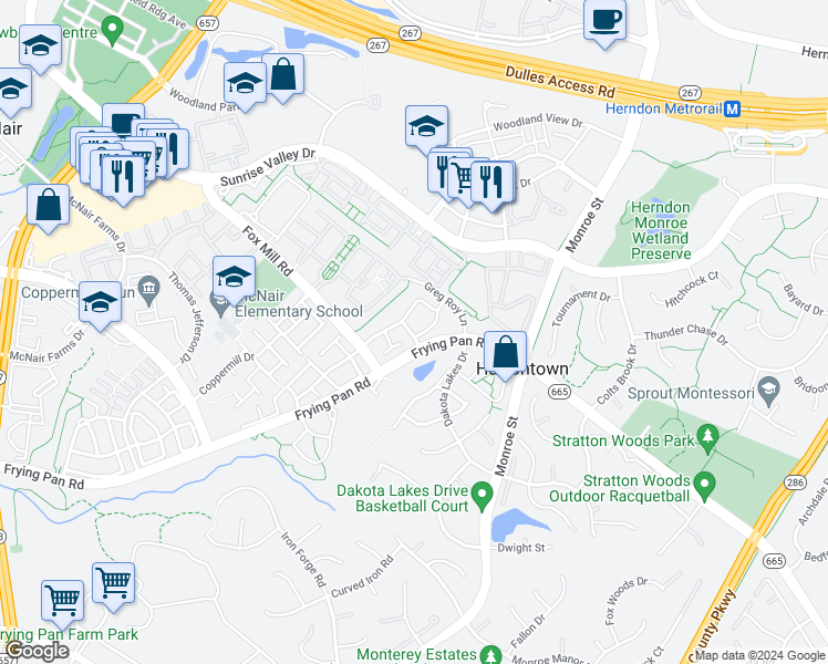 map of restaurants, bars, coffee shops, grocery stores, and more near 2405 Avalon Bay Lane in Herndon