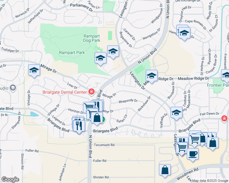 map of restaurants, bars, coffee shops, grocery stores, and more near 2850 Mirage Drive in Colorado Springs