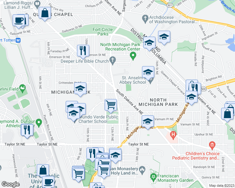 map of restaurants, bars, coffee shops, grocery stores, and more near 1301 Buchanan Street Northeast in Washington