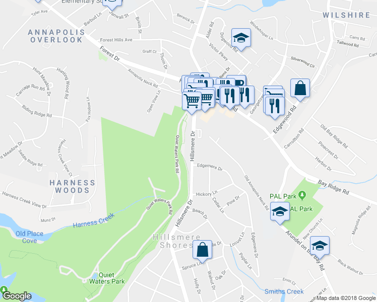 map of restaurants, bars, coffee shops, grocery stores, and more near 278 Hillsmere Drive in Annapolis